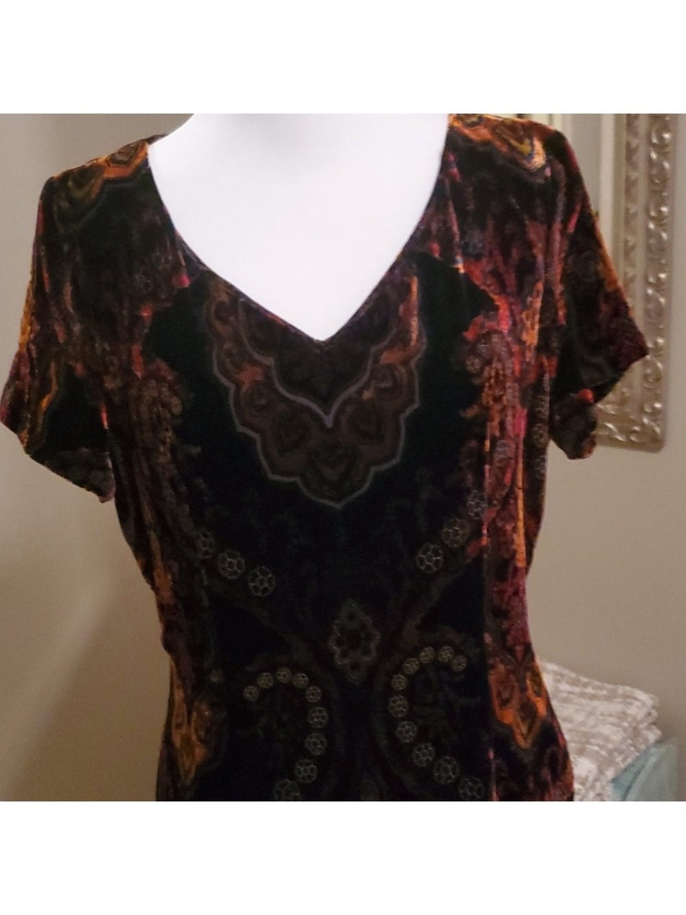 Velvet V-Neck dress in Black with Rust & Gold Paisley